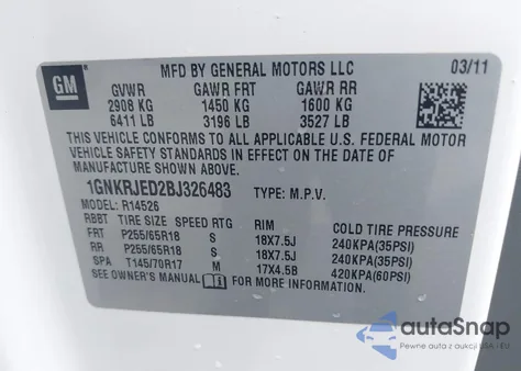 2011 Chevrolet Traverse Lt from USA, damaged, VIN 1GNKRJED2BJ326483